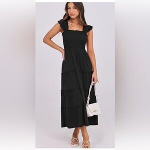 NWT Anrabess Smocked Casual Tiered Ruffle Black Maxi Dress SZ XL